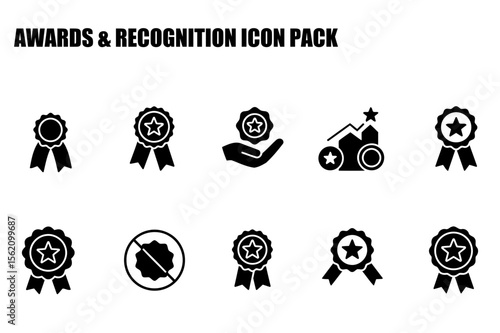 Award icons with ribbon and star design in a professional setting. Simple black and white design for a business presentation or graphic design project.