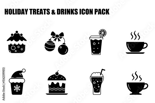 Holiday treats and drinks icons for a festive menu, illustrated in a simple, black-and-white style. Festive food and beverage icons against a white background.