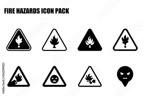 Fire hazard warning icons in various designs. Set of cautionary symbols for fire hazards in black and white.