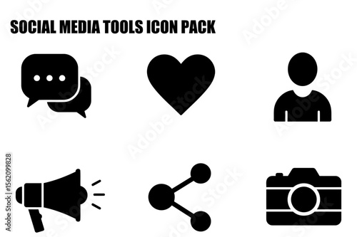 Social media tools icon pack showing communication, liking, sharing, and user interaction. Graphic icons for social media tools in a professional design.