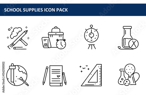 School supplies icons in a set for educational use. Collection of various academic tools displayed against a white background.