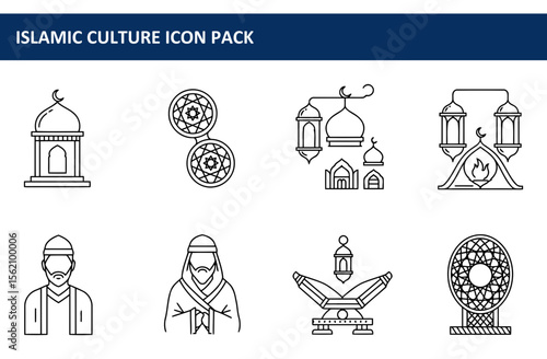 Islamic culture icon set showcasing various architectural and cultural elements. Simple line drawings of mosques, lanterns, prayer rugs, and traditional headwear.