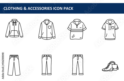 Line art illustration of various clothing items, including jackets, shirts, pants, and a shoe with bag, for design purposes.