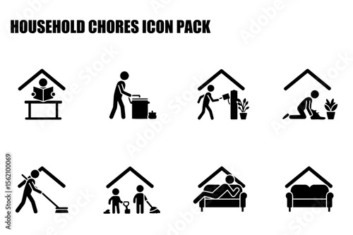 Household chores icon pack depicting various actions in a home setting.