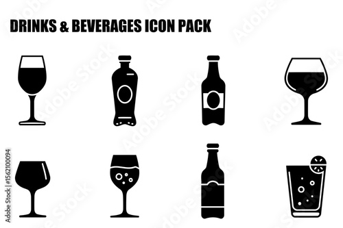 Drinks and beverages icon set with various types of glasses and bottles. Simple silhouettes of wine glasses, soda bottles, beer bottles, and cocktails glasses displayed on a white background.