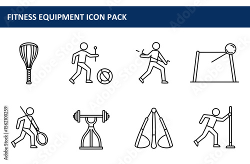 Fitness equipment icons depicting various activities in a gym or outdoor setting. Active individuals engaged in exercise using different apparatus.