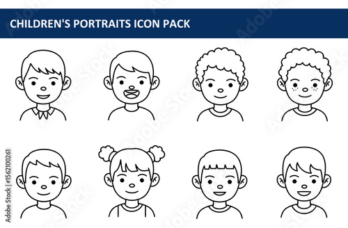 Collection of diverse children's portraits in various hairstyles and expressions. Smiling children in simple casual clothing against a plain background.