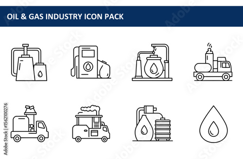 Oil & gas industry icon set depicting various equipment and vehicles. Simple line art illustrations of oil refineries, gas stations, and transportation vehicles.