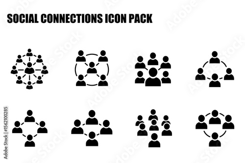 Social connection icons in various configurations. Simple graphic representations of people interacting in different social structures.