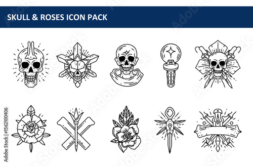 Skull and rose line art designs for tattoo or graphic design. Various skull, rose, and geometric elements are shown in a set of illustrations for various use in design projects.