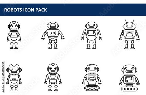 Robots of various designs in simple line art. Different robot models with basic features and expressions.