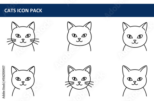 Cute cat icons in a simple line art style. Friendly feline portraits for a digital icon pack. General public use for various applications. Childrens books,websites,education.