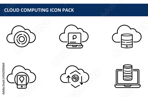 Cloud computing icon set displaying various functions in a simple, clean design. Collection of abstract icons for cloud storage, data transfer, and database management.