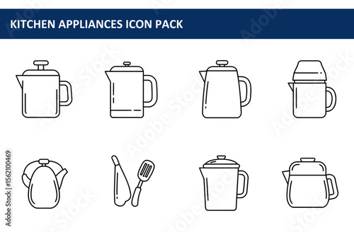Kitchen appliance icons in a variety of styles for illustration and design use. Simple line drawings of various kitchen tools.
