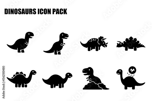 Dinosaur icons in various poses against a plain white background. Cute, stylized representations of dinosaurs with simple lines and flat color.