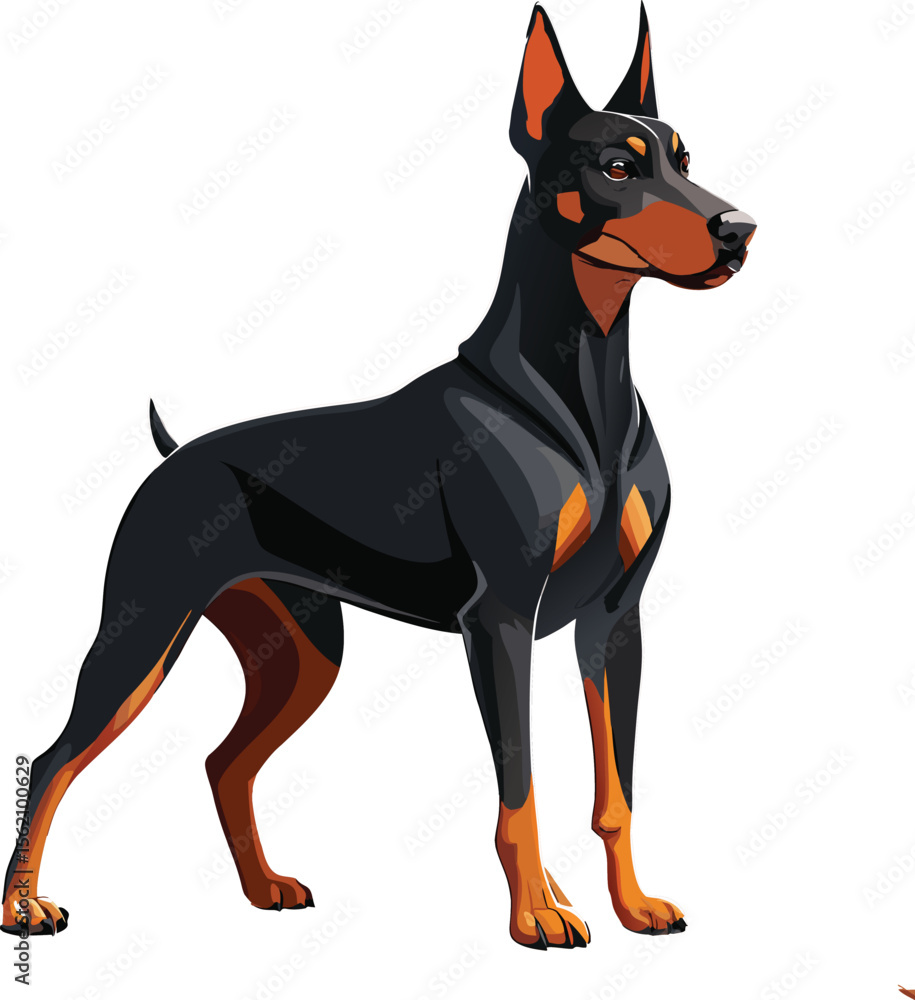 Black Doberman Pinscher standing alert black dog brown markings Black Doberman Pinscher standing alert black dog brown markings