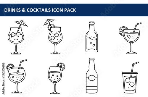 Drinks and Cocktails Icon Pack. various drinks and cocktails in outline style.