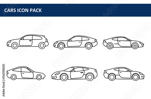 Line drawings of various car models in profile view. Simple car silhouettes for automotive design inspiration.