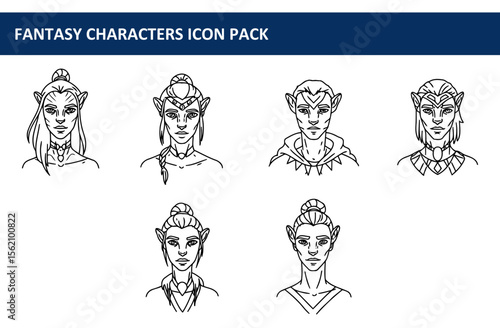 Fantasy character icons, female and male, with various hairstyles and accessories. Portraits of characters in a neutral pose against a plain white background.