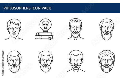 Philosophers' line art icon set depicting various historical thinkers in a simple, elegant style. Portraits of men with contemplative expressions, suitable for educational or historical themes.