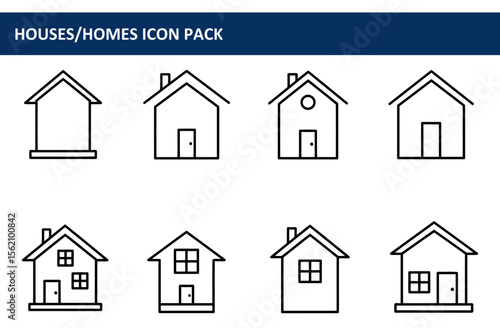 Simple house icons in various styles with a clean, modern aesthetic. Collection of outline house illustrations presented in a grid format.