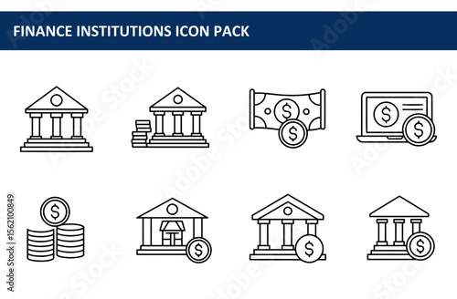 Simple financial institution icons in a line art style. Flat, graphic representations of banks, money, and online transactions. Generic icons for financial institutions.