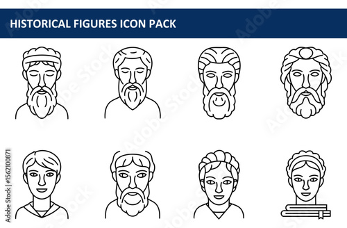 Line art illustrations of historical figures in simple poses. Portraits of diverse individuals in various historical clothing styles, set against a plain white background.
