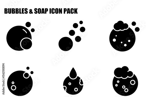 Bubbly soap and soap suds icons in a simple, flat design. Abstract depictions of bubbles and suds with a clean, minimalist aesthetic.