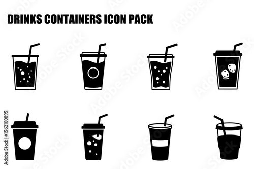 Drinks containers icon set featuring various beverage cups with straws, designed for use in a restaurant or cafe. Simple silhouettes of takeaway drinks in a variety of styles, with ice and bubbles.
