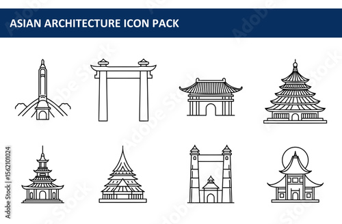 Asian architecture icons in a graphic design element set. Simple line drawings of various Asian architectural structures, including pagodas, temples, and gates.