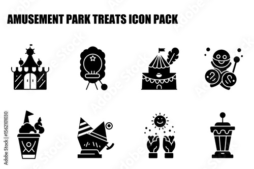 Amusement park icons featuring various attractions in a stylized, black and white format. Simple, child-friendly designs for an amusement park icon pack.
