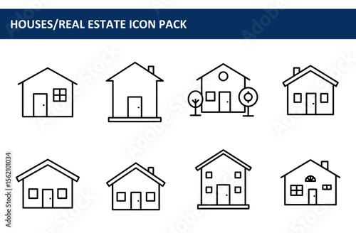 Line art illustrations of various houses in a real estate icon pack. Simple, stylized representations of single-family homes and other residential structures with assorted architectural details.
