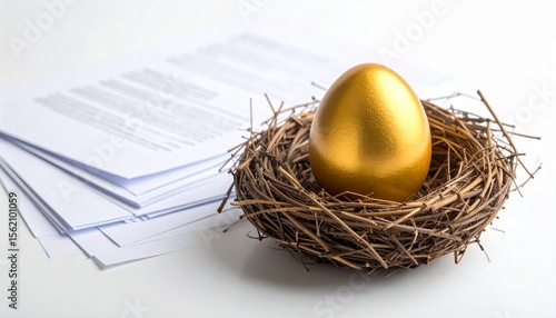 A golden egg sits in a nest next to stack of documents