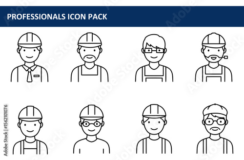 Line art illustration of various professional figures in work attire.
