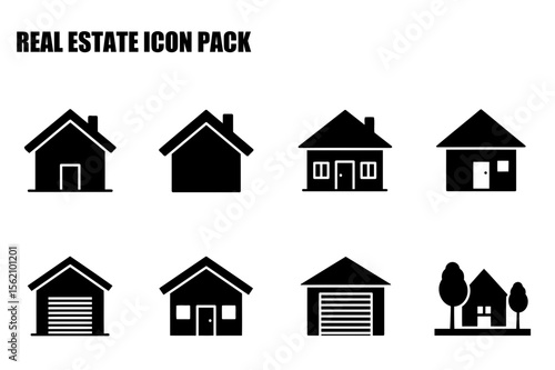 Real estate icon pack of various house types displayed in a grid against a plain white background. Simple, stylized icons of single-family homes, garages, and a residential plot with trees.