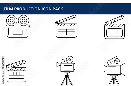 Film production icons in a simple line art style depicting film reels, clapperboards, and movie cameras. Iconic imagery for film production.