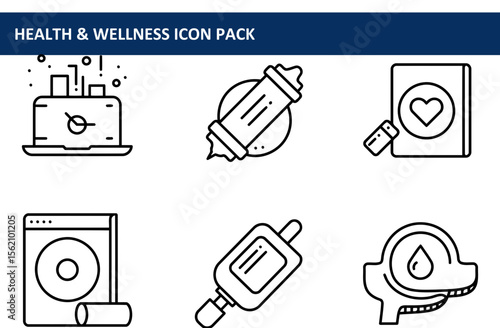 Health and wellness icons depicting various digital and physical elements for tracking, management, and support.