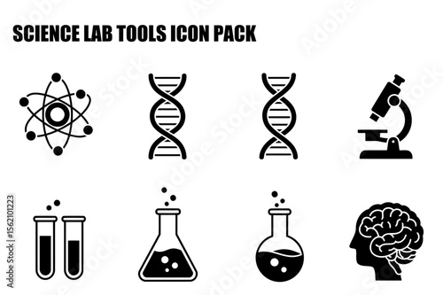 Science lab tools icon pack. simple, black and white illustrations of various scientific tools in a flat design style.