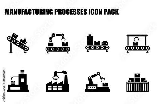 Manufacturing processes icons, depicting automated handling of boxes on conveyor belts and within industrial buildings. Automated systems for package handling in a warehouse/factory setting.