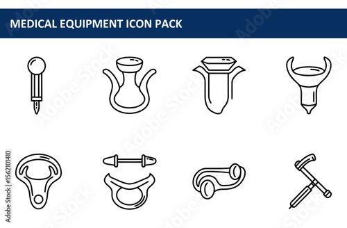 Medical equipment icons in a simple, black and white line art style. Various medical devices are shown in a single color, no color variations or shading.