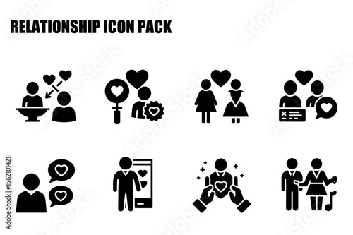 Relationship icons depicting various stages and interactions. Diverse couples in various settings interacting through modern and traditional methods.