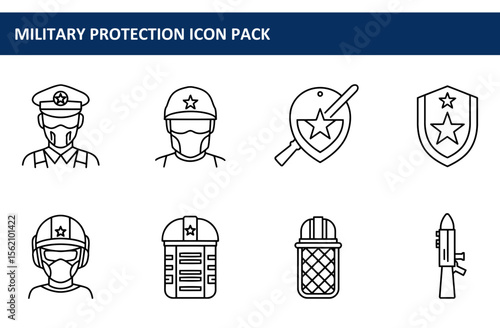 Military protection icon pack depicting various personnel and equipment. Outline illustrations of uniformed personnel in protective gear, shields, and weaponry against a plain white background.