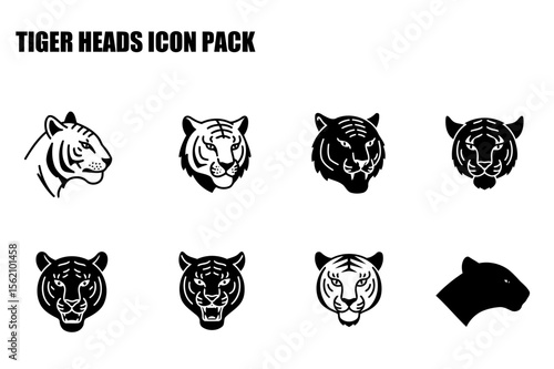 Tiger head icons in various styles and colors. Set of black and white tiger head illustrations in a graphic design format.