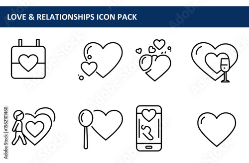 Love and relationships icon set with diverse elements in a simple line style. General icons designed for websites and mobile applications in a variety of love and relationship contexts.