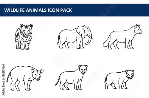 Line art illustration of various wildlife animals in a graphic design format. Simple black and white animal silhouettes with a zoological focus.