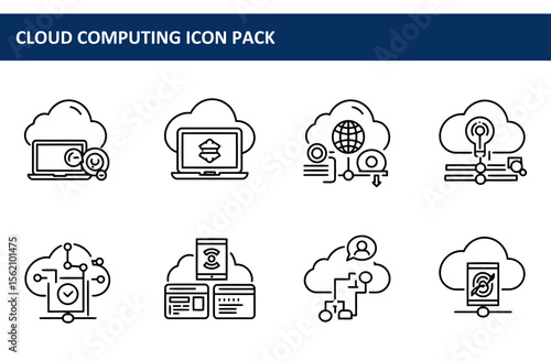 Cloud computing icon pack showcasing various functions and applications. Collection of simple, black-line illustrations depicting cloud storage, data transfer, and networking.