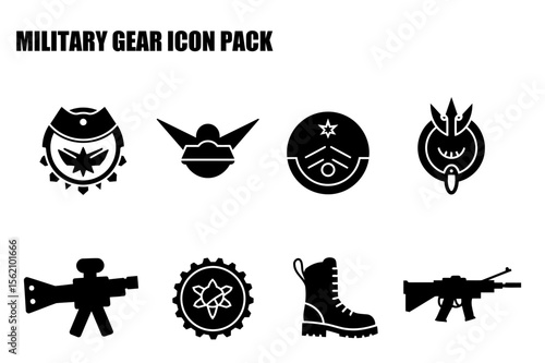 Military gear icons displayed in a simple, black and white style. Silhouettes of equipment, badges, and accessories in various forms.