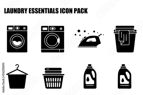 Laundry essentials icons displayed in a simple, graphic design style. Collection of icons depicting various household items and actions involved in laundry.