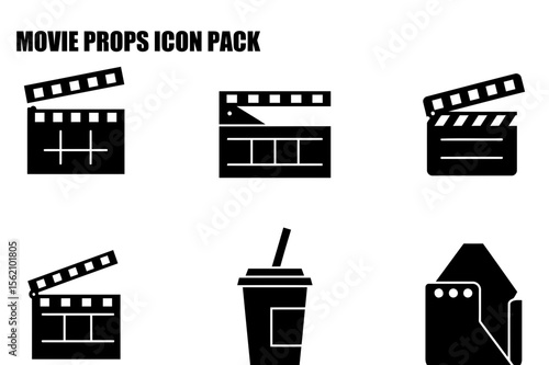 Movie props icons with various elements in a studio setting. Set of simple, black and white illustrations of a clapperboard, drink cup, and envelope, depicting common movie studio items.