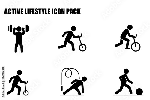 Active lifestyle icons depicting various activities in a simple, illustrative style. Generic person icons engaged in weightlifting, biking, jumping rope, and playing sports.